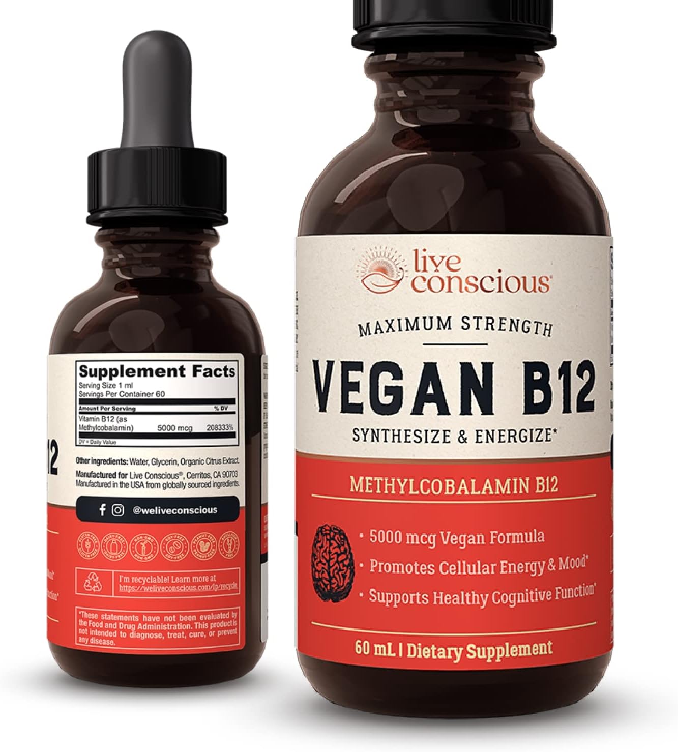 Vegan Vitamin B12 Sublingual Liquid Drops by Live Conscious- Methylcobalamin Max Strength B12 5000mcg Formula - Vegan B 12 Vitamin Support Energy & Mood, Promote Memory, Aid Immune System - 60 Serving