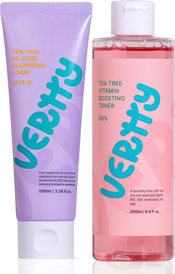 Vertty Tea Tree Vitamin Boosting Coral Toner & Vegan Cleansing Foam | Redness Relief Facial Toner & Soothing Cleanser For Sensitive Skin | Vitamin B12 Toner & Daily Oil Control Cleanser