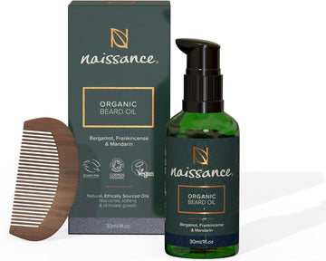 Naissance Organic Beard Oil & Wooden Comb Set For Men 30ml - Conditioning Grooming Kit Hair Growth Repair Dry Skin Natural Thickener Serum with Castor Argan & Jojoba Oil - Scented Travel Friendly