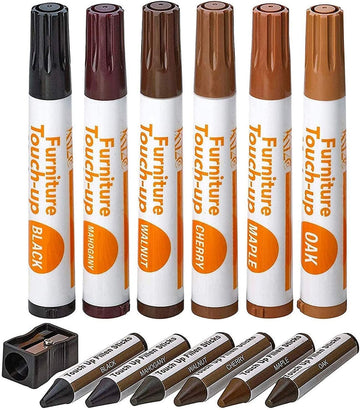 Katzco Furniture Repair Kit Wood Markers - Set of 13 - Markers and Wax Sticks with Sharpener - for Stains, Scratches, Floors, Tables, Desks, Carpenters, Bedposts, Touch-Ups, Cover-Ups, Molding Repair