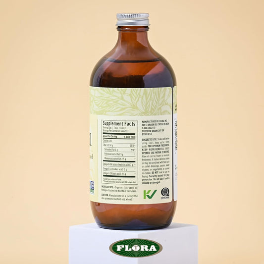Flora Certified Organic Flax Seed Oil - Cold Pressed & Unrefined - Non-GMO, Gluten-Free, Kosher Omega Flax Oil Blend - Essential Fatty Acids for Wellness - Amber Glass Bottle - 17 oz