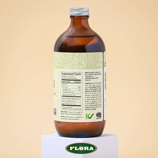 Flora Certified Organic Flax Seed Oil - Cold Pressed & Unrefined - Non-Gmo, Gluten-Free, Kosher Omega Flax Oil Blend - Essential Fatty Acids For Wellness - Amber Glass Bottle - 17 Oz