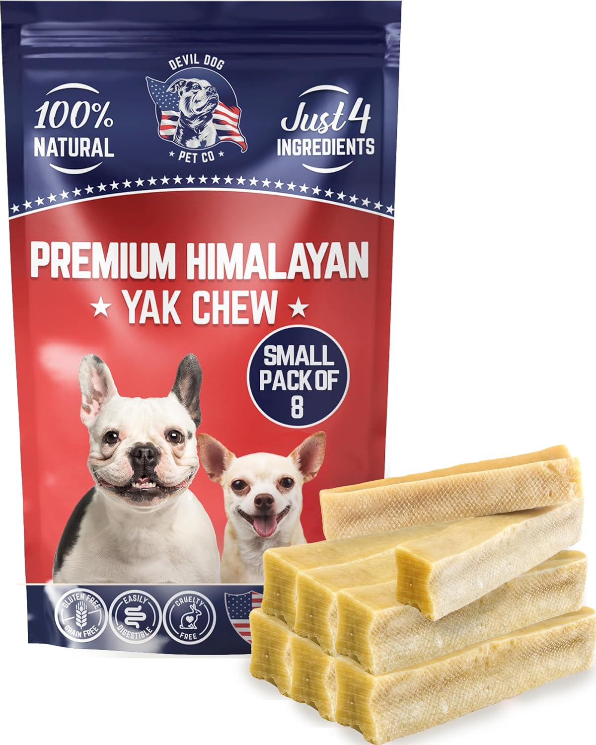 Devil Dog Pet Co. Himalayan Yak Chews – Small 8 Pack, Yak Cheese Dog Chews, 100% Natural & Healthy, Odor Free, Long Lasting, Yak Chew Treats – Premium Yak Milk Dog Chew, Yak Bones for Dogs