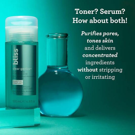 Bliss Clear Genius Trio: Clarifying Toner + Serum, Cleanser And Spot Treatment - Pore Purifying, Removed Excess Dirt & Oils - Clean, Cruelty-Free Skin Care