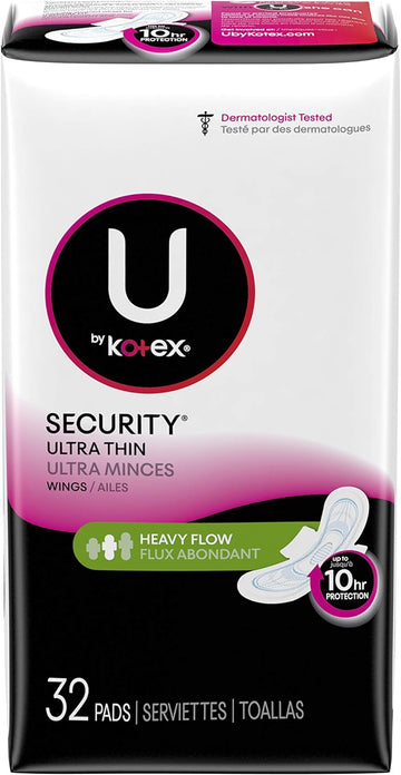 U by Kotex Security Ultra Thin Pads with Wings, Long, Unscented, 32 Count