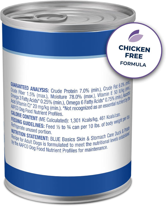 Blue Buffalo Basics Adult Grain-Free Wet Dog Food For Skin & Stomach Care, Limited Ingredient Diet, Duck & Potato Recipe, 12.5-Oz. Cans (12 Count)