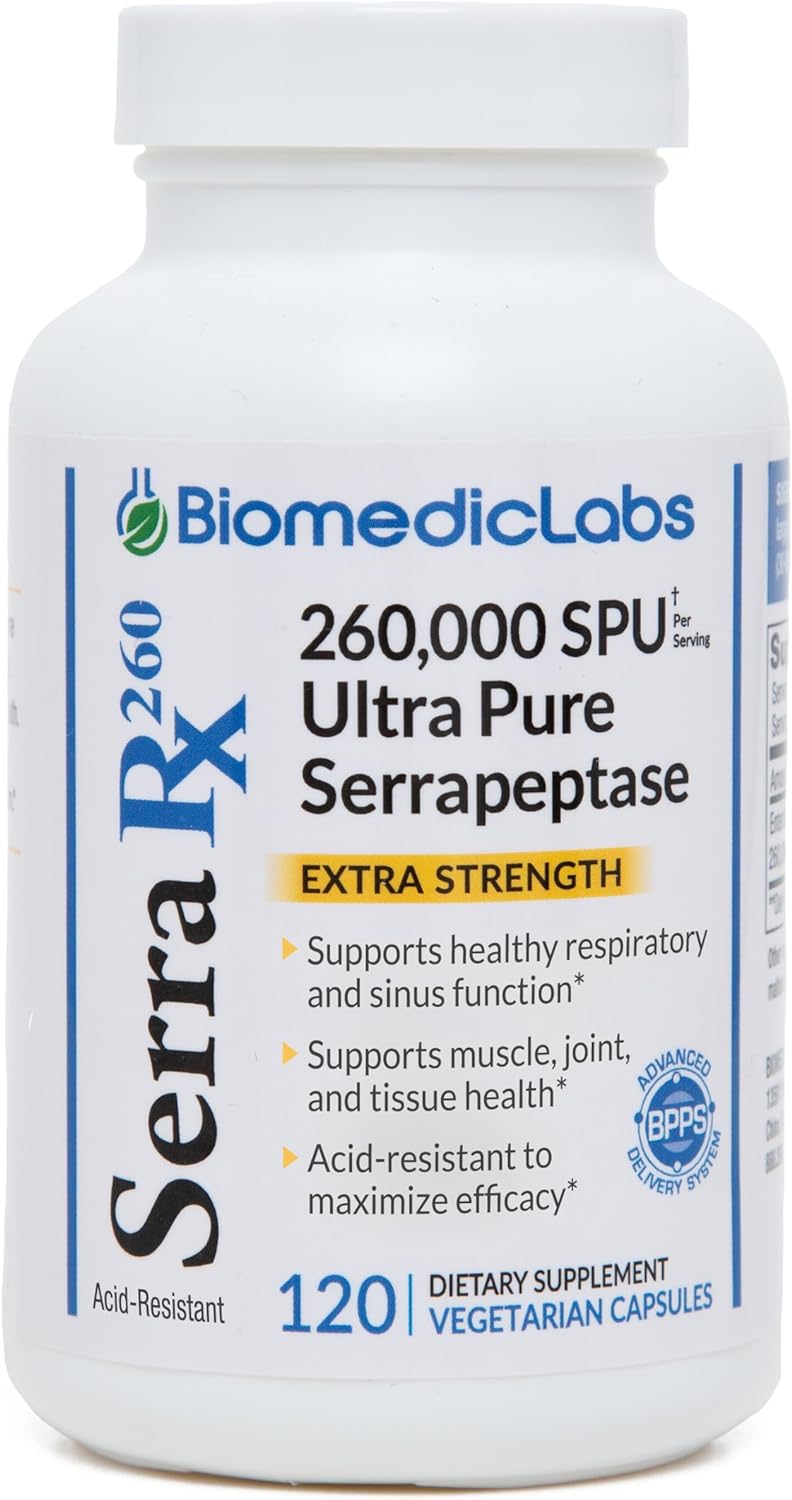 Serra-RX 260,000 SU Serrapeptase - Acid-Resistant Proteolytic Systemic Enzyme, Non-GMO, Gluten Free, Vegan, Supports Sinus, Immune & Lung Health, 120 Veg Capsules