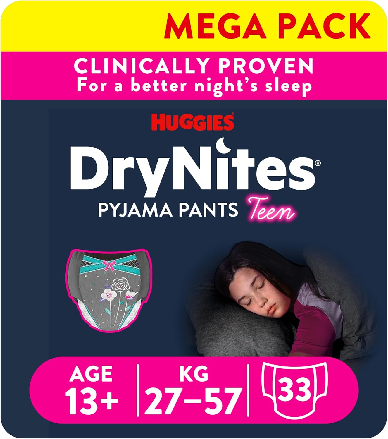 Huggies Drynites, Girls’ Teen Pyjama Pants - Sizes 8-13 Years (27 Pants) - Discrete Night Time Nappies With Exciting Designs - Maximum Protection For Teen Bed Wetting