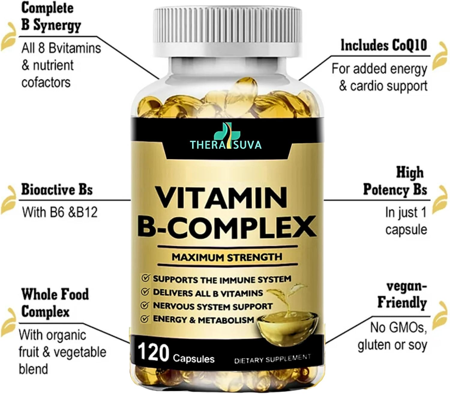 Max Strength Vitamin B-Complex + Coq10 + Vitamin C - Natural Supplement For Energy, Metabolism Support, 120 Softgels, 60 Day Supply : Health & Household