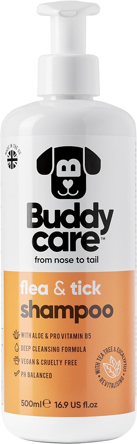 Buddycare Flea & Tick Dog Shampoo Eliminates Fleas, Ticks & Mites | Deep Cleansing Shampoo for Dogs, Tea Tree & Eucalyptus Flea Shampoo for Dogs (500ml)?B1