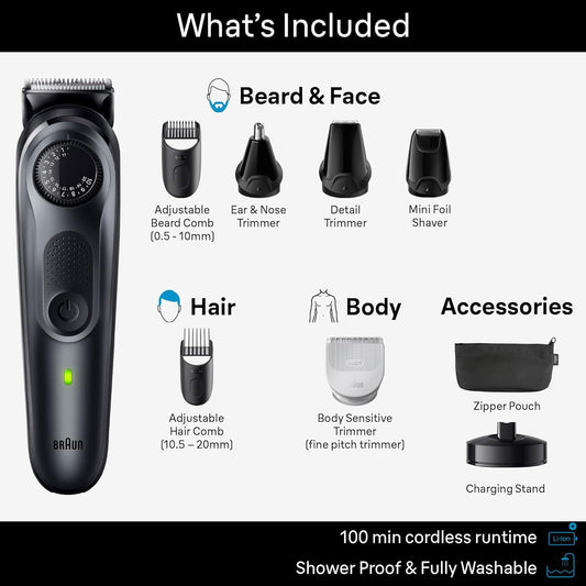 Braun All-In-One Style Kit Series 5 5490, 9-In-1 Trimmer For Men With Beard Trimmer, Body Trimmer For Manscaping, Hair Clippers & More, Ultra-Sharp Blade, 40 Length Settings, Waterproof