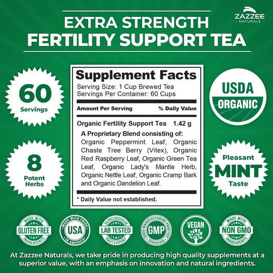 Zazzee Usda Organic Fertility Support Tea, 60 Servings, Pleasant Mint Taste, Balanced Blend Of 8 Potent Herbs, 3 Ounces, All-Natural Fertility Support For Women, Non-Gmo