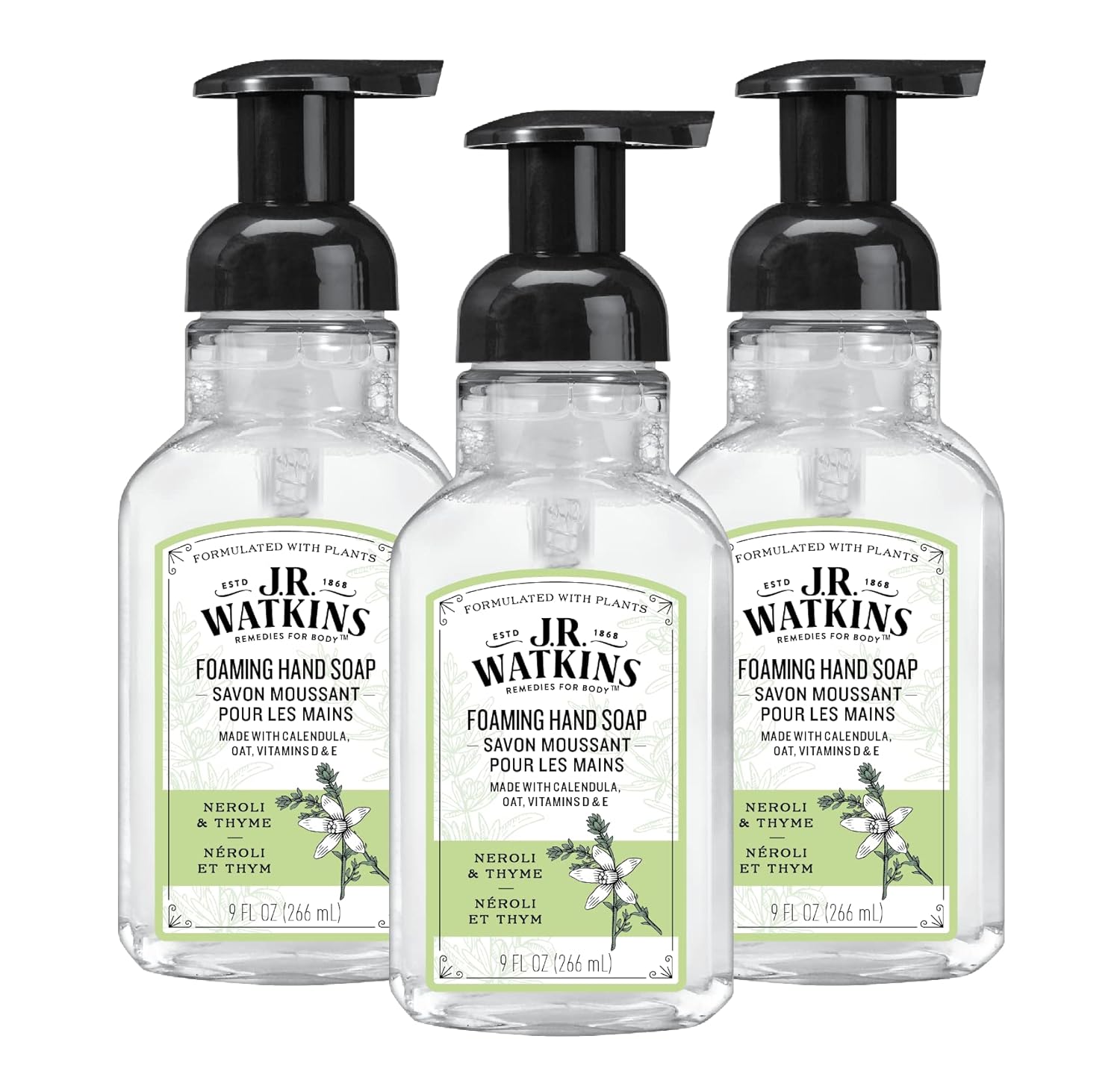 J.R. Watkins Foaming Hand Soap With Pump Dispenser, Moisturizing Foam Hand Wash, All Natural, Alcohol-Free, Cruelty-Free, Usa Made, Neroli & Thyme, 9 Fl Oz, 3 Pack