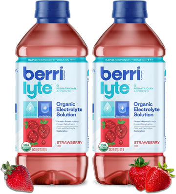 Berri Lyte Plant Based Organic Electrolyte Solution – Pediatric Rehydration Drink – Low Sugar Strawberry Flavor, 1 L, 2 Ct