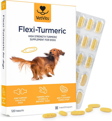 Vetvits By Healthspan Flexi-Turmeric For Dogs (120 Tablets) | Joint Support For Active Dogs | Vitamin C & Brewers’ Yeast | 400Mg High-Grade Turmeric | Easy To Crumble On Food | Pet Health