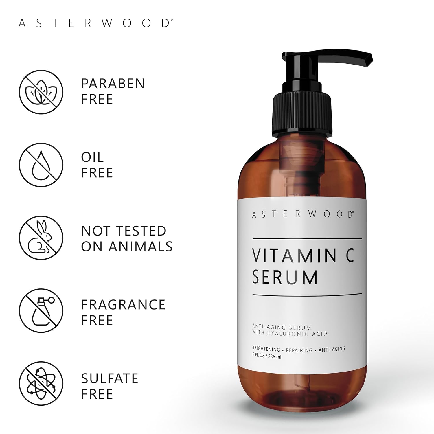 ASTERWOOD Face Serum Vitamin C with Hyaluronic Acid, Anti Aging, Anti Wrinkle, Vitamin C Serum for Face Dark Spots, Eye Serum, Facial Skin Care Products, Classic Formula Pump Bottle (8 oz) : Beauty & Personal Care