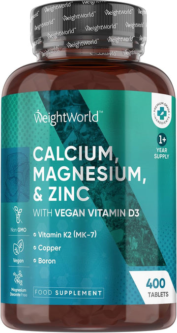 Weightworld Calcium, Magnesium, Zinc And Vitamin D Supplement | 1+ Year Supply | 400 Vegan Tablets | Calcium Tablets With Vitamin K2, Vitamin D, Copper & Selenium | Magnesium Stearate-Free