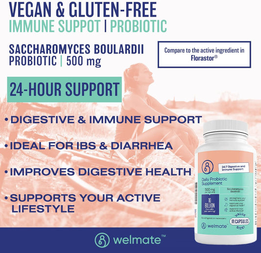 Welmate Saccharomyces Boulardii | Daily Probiotic Supplement | 10 Billion Cfu | Immune Support | Digestive Health | Vegan | Organic | Gluten Free | Non Gmo | Men & Women | 200 Veggie Capsules