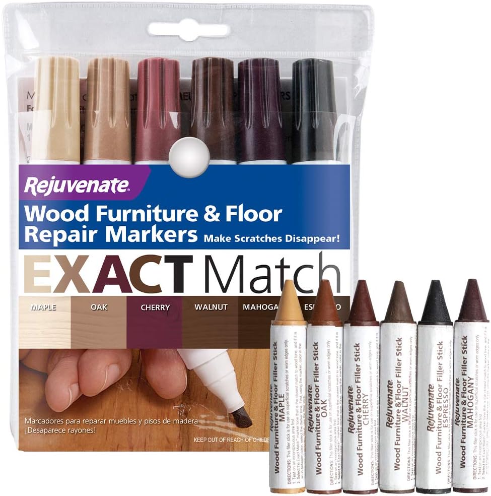 Rejuvenate New Improved Colors Wood Furniture & Floor Repair Markers Make Scratches Disappear in Any Color Wood Combination of 6 Colors Maple Oak Cherry Walnut Mahogany Espresso and Crayons Set