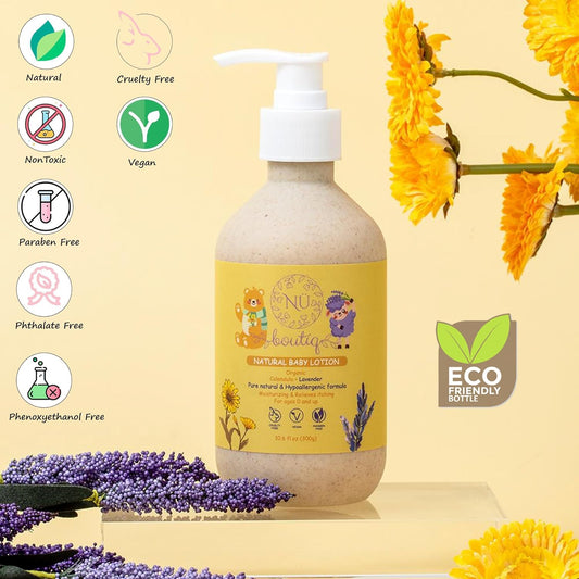 Organic Vegan Baby Lotion, Moisturizing and calming kids body lotion with Calendula & Lavender, newborns All Skin Types, New Biodegradable bottle(300g), 10.60 Fl Oz (Pack of 1)