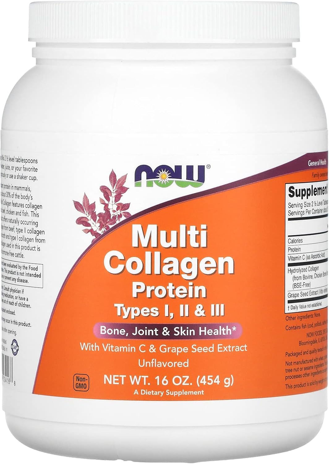 Now Foods Supplements, Multi Collagen Protein Types I, Ii & Iii Powder, Bone, Joint, And Skin Health, 16 Oz (454 G)