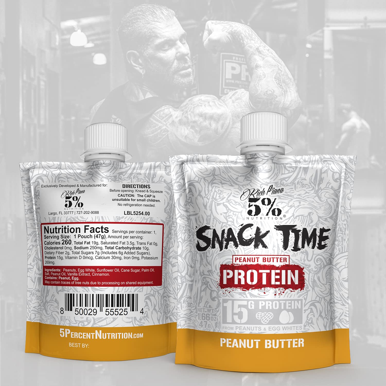 Rich Piana 5% Nutrition Snack Time | Squeezable Protein Shots | High Protein Snack Pouches | Convenient, Real Food Protein from Peanuts & Egg Whites | 10-Count (Peanut Butter) : Health & Household