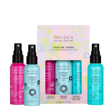 Pacifica Beauty Take Me There Hair & Body Mist Travel Size, Gift Set, Fragrance, Perfume Body Spray, Island Vanilla, Dream Moon, Silver Moon, Vegan, 2 Fl Oz Each (Set Of 3)