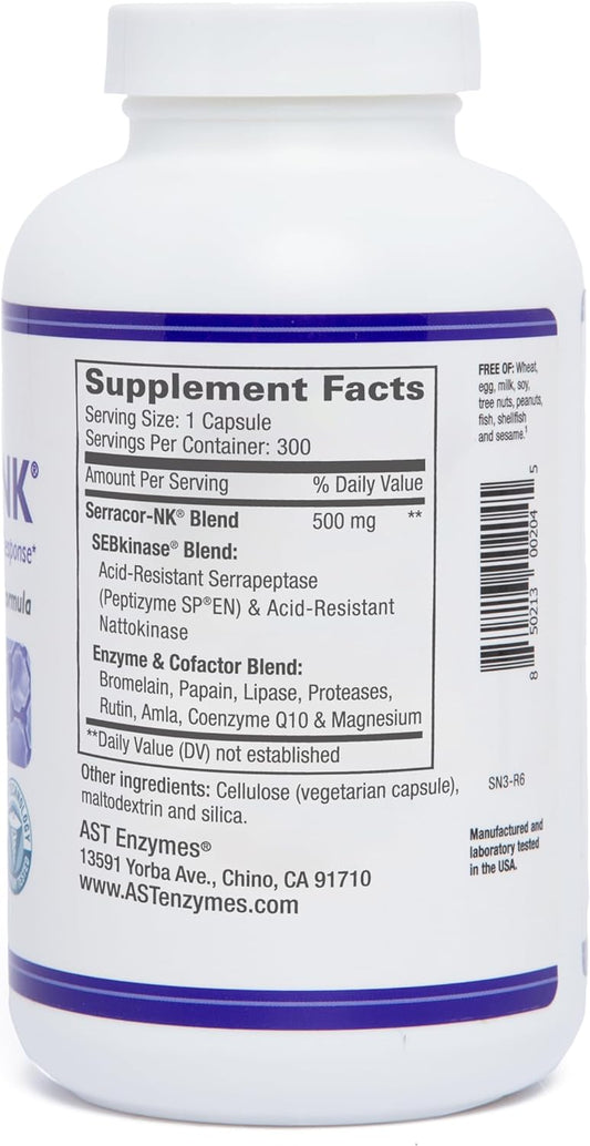 Serracor-NK ? 300 Vegetarian Capsules ? Circulatory and Respiratory Support ? Natural Systemic Enzymes Formula ? Contains Acid-Resistant Serrapeptase & Acid-Resistant Nattokinase