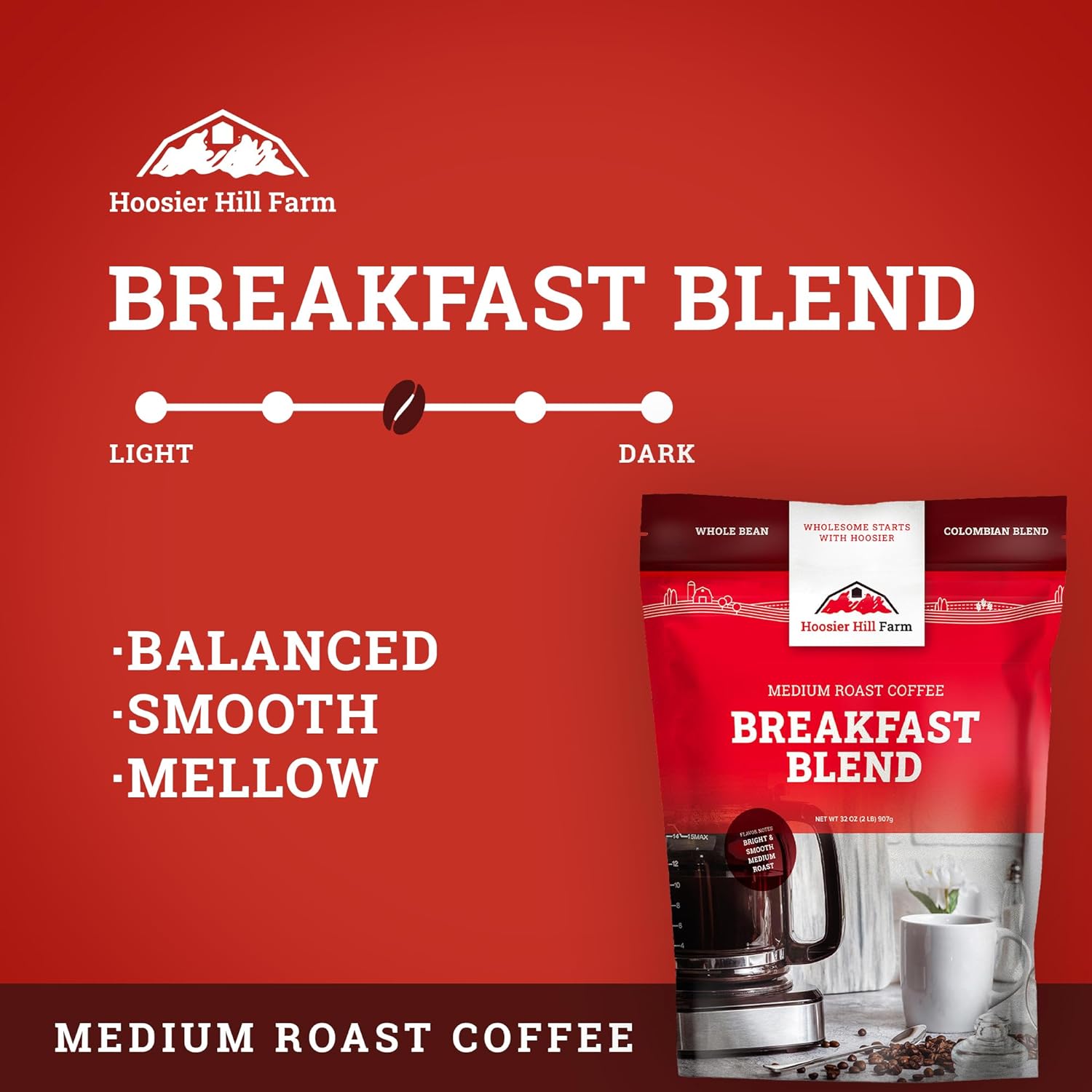 Hoosier Hill Farm Breakfast Blend Whole Bean Coffee, Medium Roast, 32oz (2LB), Resealable Bag : Grocery & Gourmet Food