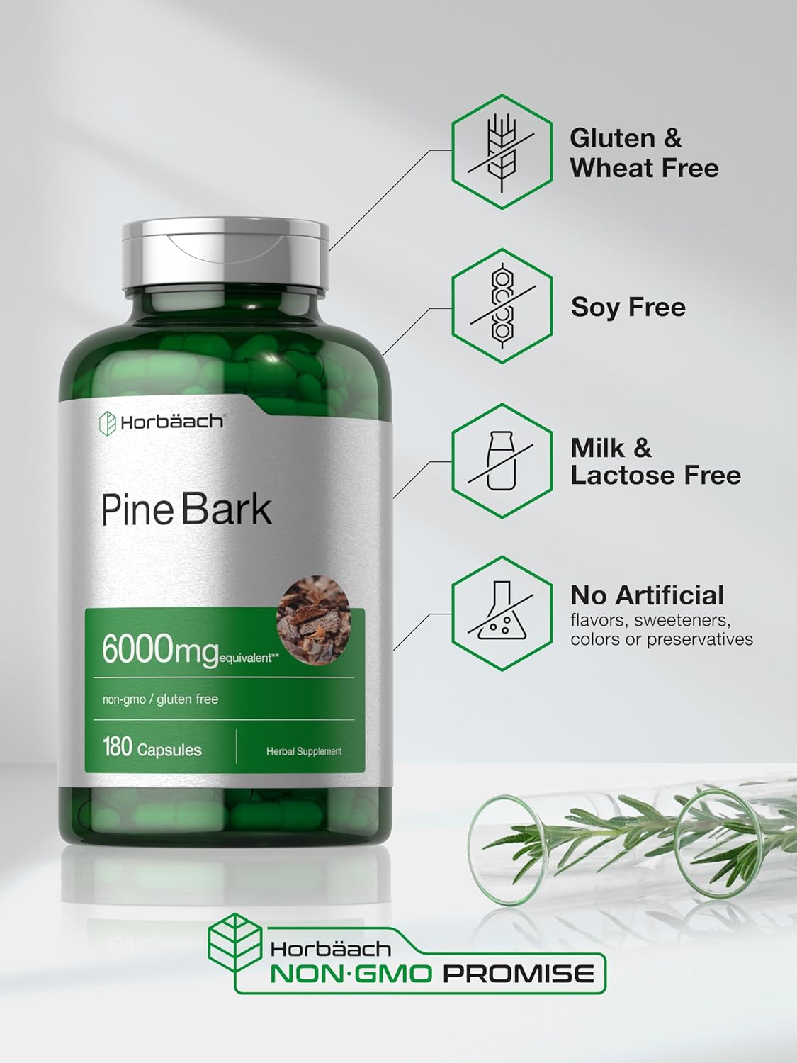 Horbäach Pine Bark Extract | 6000 mg | 180 Capsules | Standardized to Contain 380 mg Proanthocyanidins | Non-GMO, Gluten Free Supplement | High Potency : Health & Household