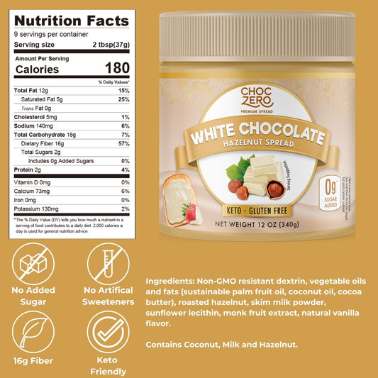 Choczero Keto White Chocolate Hazelnut Spread - Keto Friendly, No Sugar Added, Best Low Carb Dessert, Perfect Topping For Breakfast, Naturally Sweetened With Monk Fruit (1 Jar, 12 Oz)