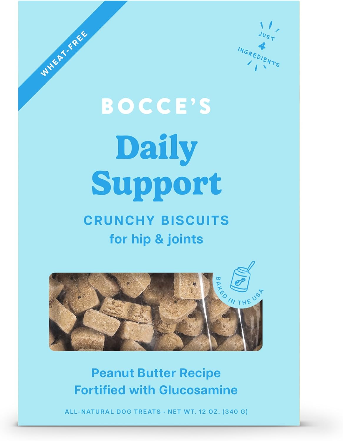 Bocce'S Bakery Hip Daily Support Treats For Dogs, Wheat-Free Dog Treats, Made With Real Ingredients, Baked In The Usa, Supports Joint Health, All-Natural Peanut Butter Biscuits, 12 Oz