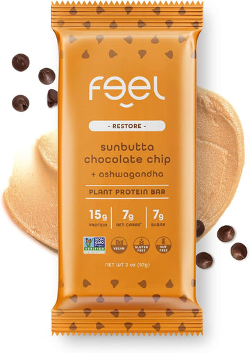 Feel Vegan Protein Bars | Sunbutta Chocolate Chip | Keto | Gluten Free | Organic | Ashwagandha | 15G Plant Protein | Low Carb | High Protein | Dairy Free | Low Sugar | Grain Free | Nut Free | Soy Free | Non Gmo - (Sunbutta Choco Chip, 10 Pack)