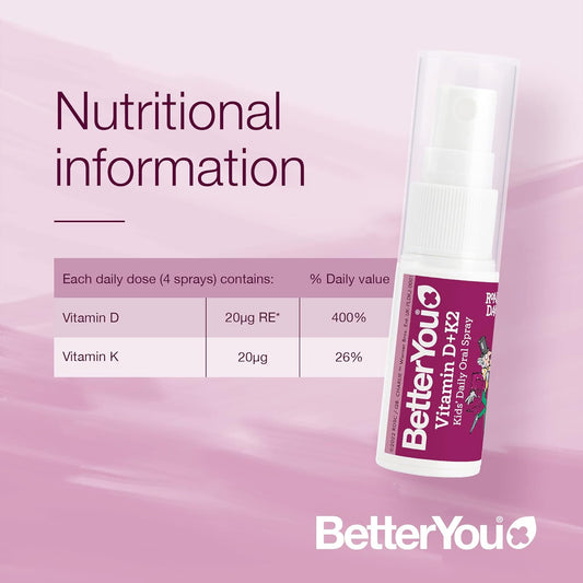 Betteryou Vitamin D3 + K2 Kids Oral Spray, Fast Acting Vitamin D 800 Iu + Vitamin K2 (Mk-7), Supports Growing Bones And A Healthy Immune System, 100 Sprays, Sugar Free Blueberry And Bubblegum Flavour