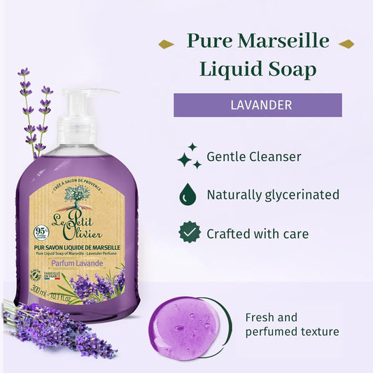 Pure Marseille Liquid Soap - Lavender Perfume - Gently Cleanses Skin - Delicately Perfumed - Vegetable Origin Based - 10.1 Oz