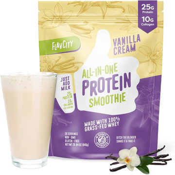 Flavcity Protein Powder Smoothie, Vanilla - 100% Grass-Fed Whey Protein Smoothie With Collagen (25G Of Protein) - Gluten Free & No Added Sugars (29.84 Oz)