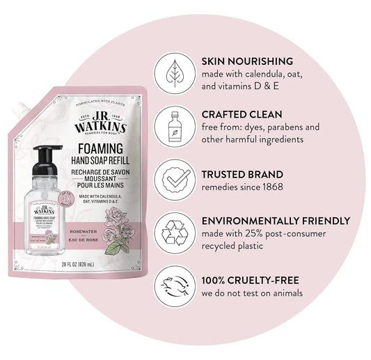 J.R. Watkins Foaming Hand Soap Refills, All Natural, Alcohol-Free Hand Wash, Cruelty-Free, Usa Made, Moisturizing Hand Soap Refill For Bathroom Or Kitchen, Rosewater, 28 Fl Oz Foam Soap Refill, 3 Pack