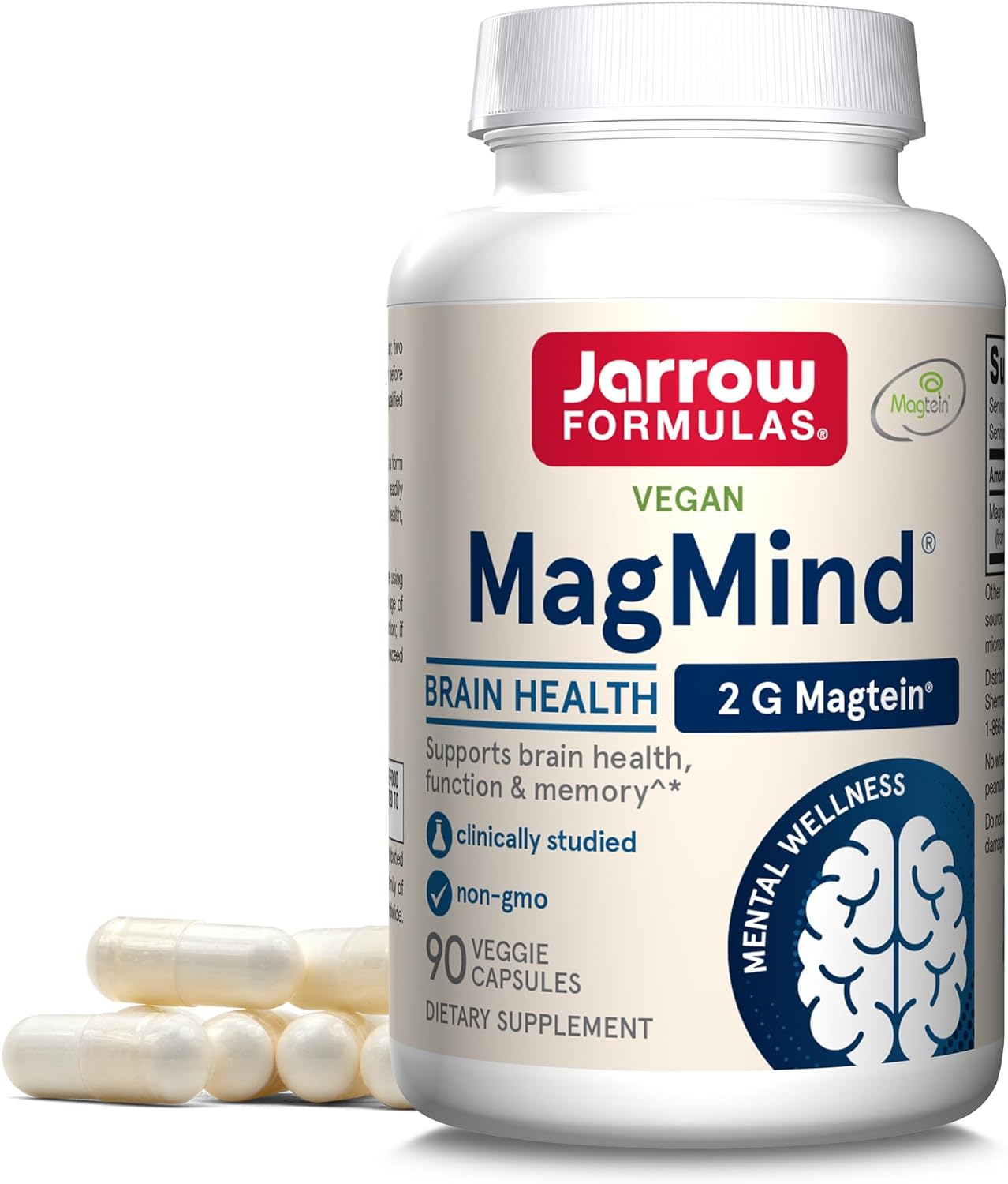 Jarrow Formulas MagMind Brain Health with Magtein (Magnesium L-Threonate), Dietary Supplement for Brain Health and Memory Support, 90 Capsules, 30 Day Supply