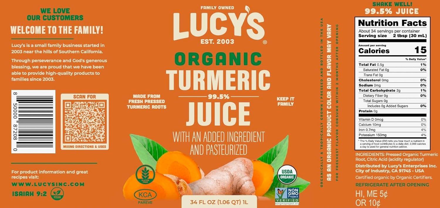 Lucy’s Family Owned - (Made From Fresh Pressed) Organic NonGMO 99% Pure Turmeric Juice, 34 oz. Glass Bottle : Grocery & Gourmet Food