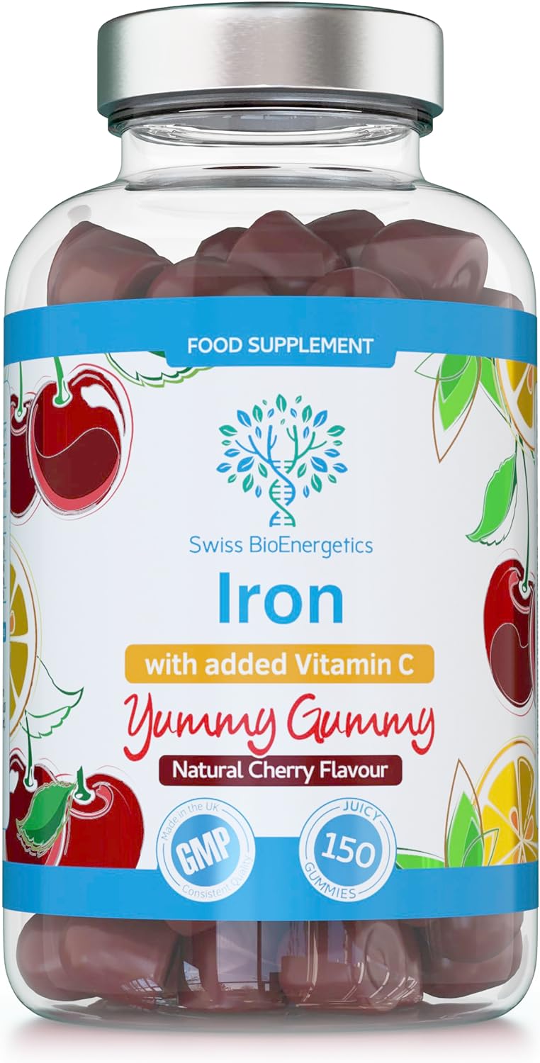 Iron Gummies with Added Vitamin C - 150 Natural Cherry Flavour Chewable Yummy Gummies - 5 Month Supply - efficient Absorption and gentler Digestion Formula - Made in The UK