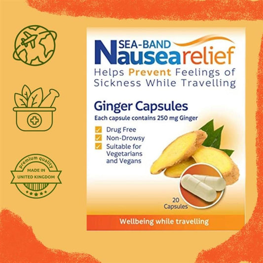 Sea-Band Nausea Relief Ginger Capsules For Travel Sickness Relief, 25 G, 20 Count