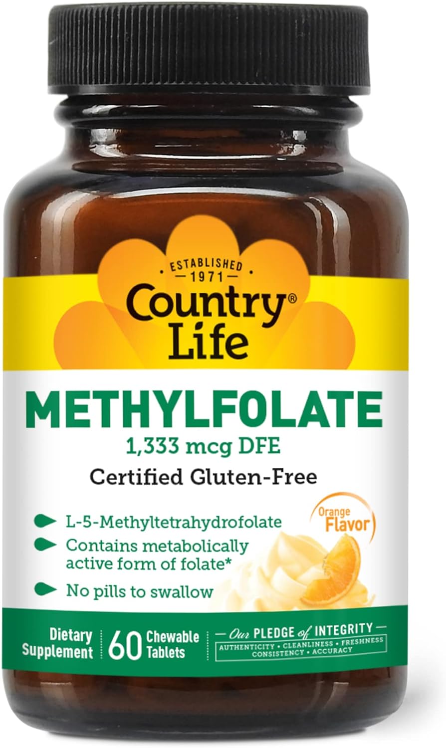 Country Life Chewable Methylfolate, 1,333Mcg Dfe, Delicious Orange Flavor, 60 Chewable Tablets, Certified Gluten Free, Certified Vegan