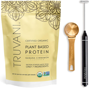 Truvani Vegan Banana Cinnamon Protein Powder With Frother & Scoop Bundle - 20G Of Organic Plant Based Protein Powder - Includes Portable Mini Electric Whisk & Durable Protein Powder Scoop