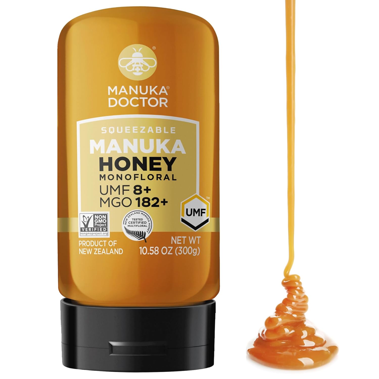 Manuka Doctor - Manuka Honey Squeezy Mgo 182+ / Umf8 Dual Rated Monofloral, 100% Pure New Zealand Honey. Certified. Guaranteed. Raw. Non-Gmo (10.58 Oz)