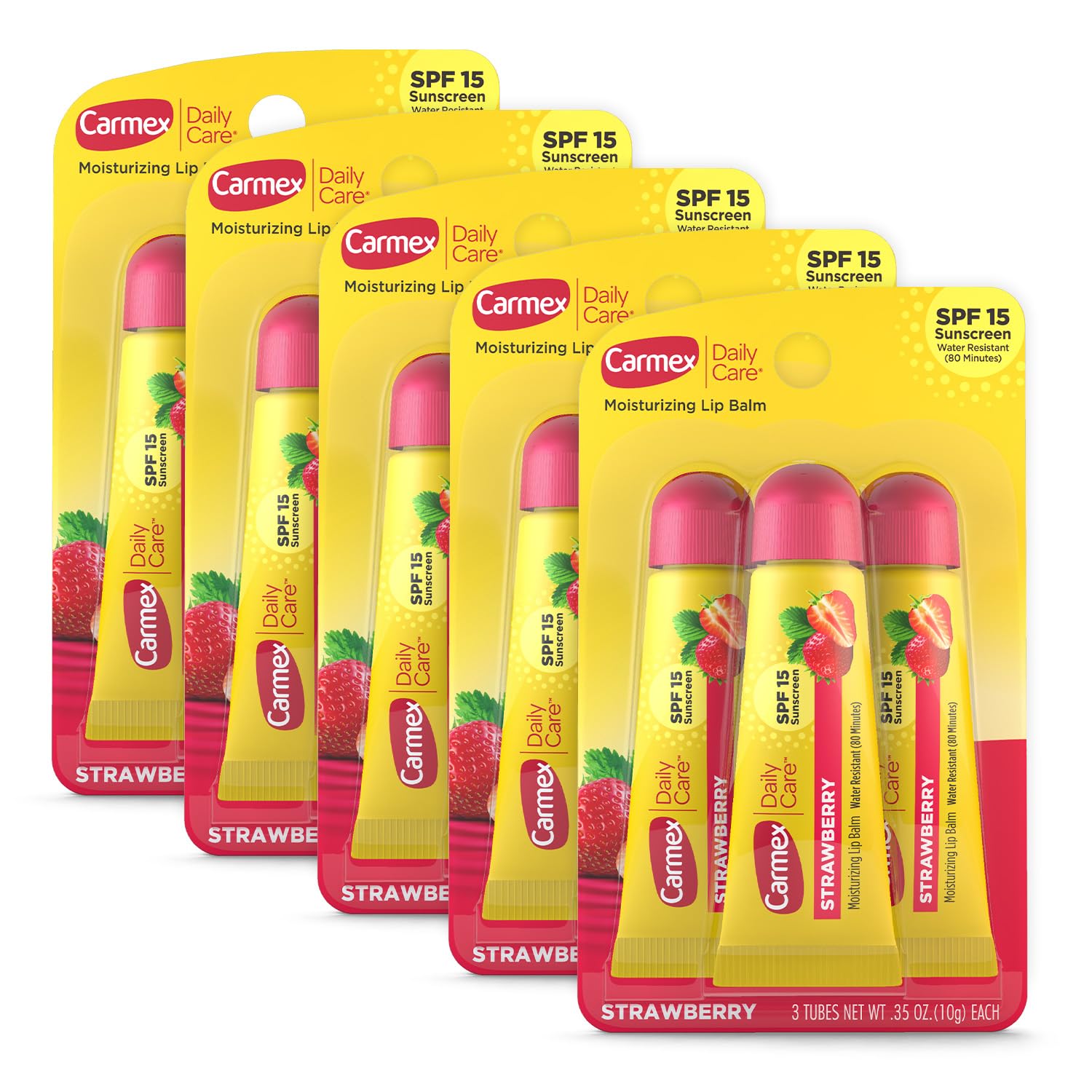 Carmex Daily Care Moisturizing Lip Balm With Spf 15, Strawberry Lip Balm Tubes, 0.35 Oz Each - 3 Count (Pack Of 5)