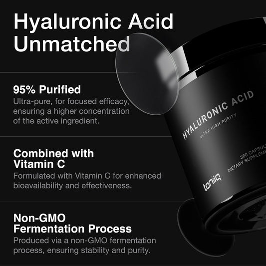 Ultra High Purity Hyaluronic Acid Capsules - 95%+ Highly Purified And Highly Bioavailable - 275Mg Formula - Non-Gmo Fermentation - High Strength With Vitamin C - 360 Capsules