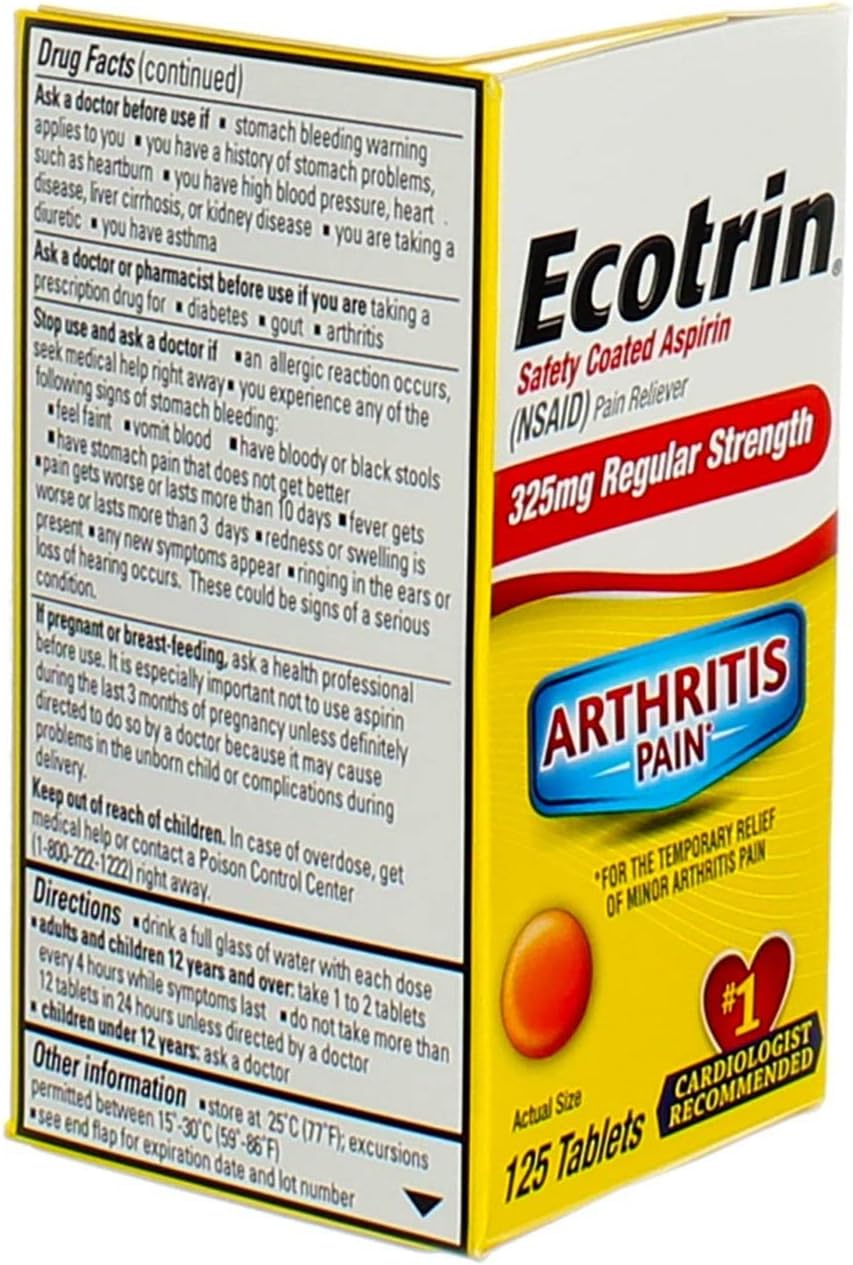 Ecotrin Regular Strength Aspirin, Arthritis Pain Relief, 325mg Regular Strength, 125 Safety Coated Tablets : Health & Household