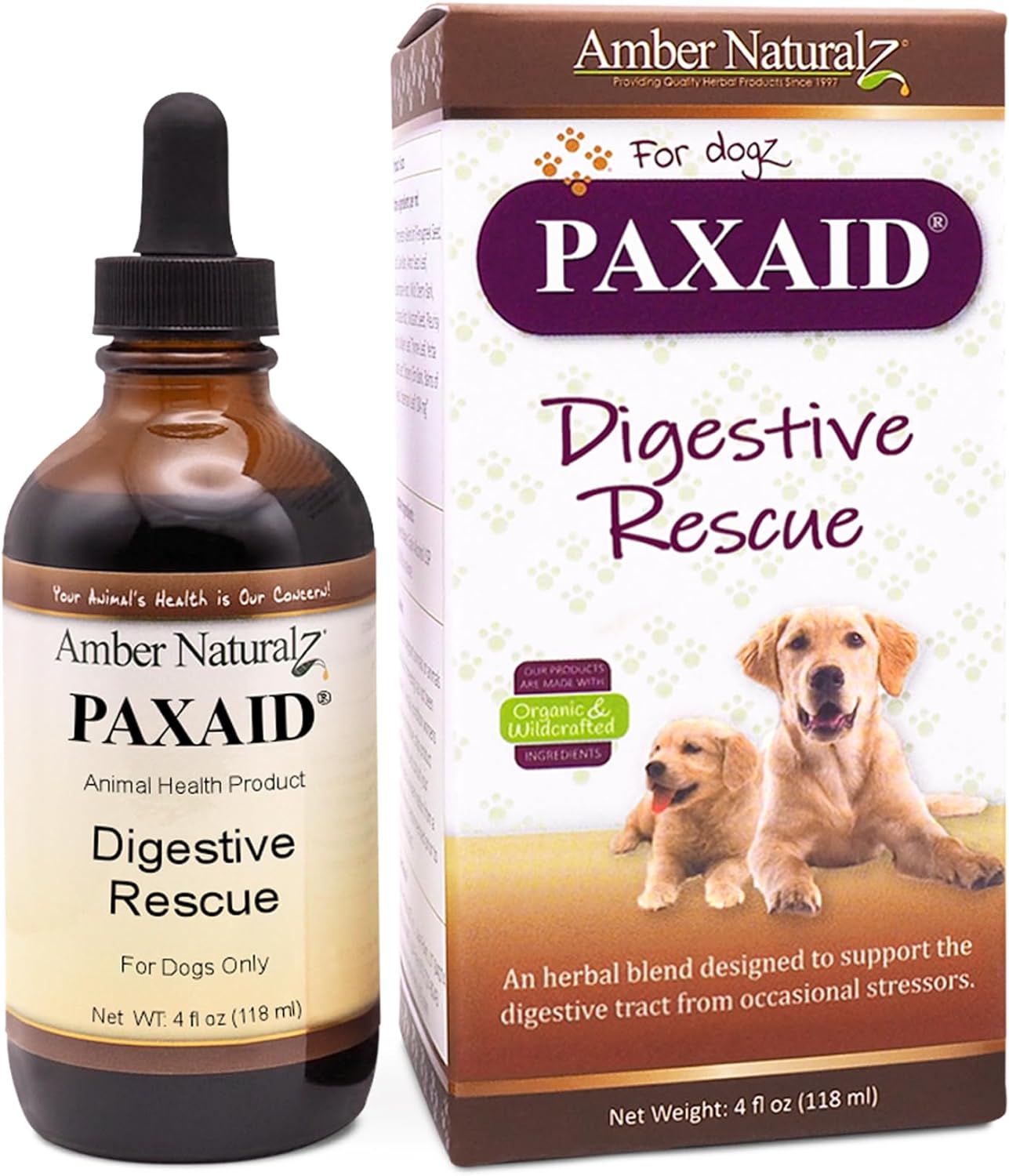 Amber NaturalZ Paxaid Digestive Rescue Herbal Supplement for Dogs and Puppies | Canine Herbal Supplement for Occasional Digestive Upset Support | 4 Fluid Ounce Glass Bottle | Manufactured in The USA