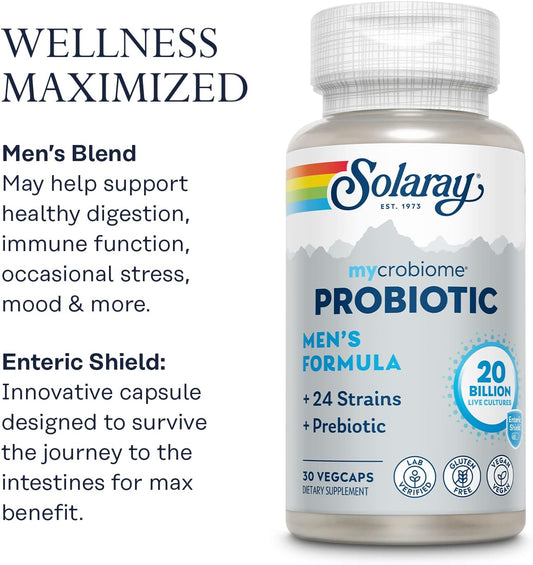 Solaray Mycrobiome Probiotic Men’S Formula, Probiotics For Men, Gut Health, Digestion, Immune Function & More, 20 Billion Cfu Mens Probiotic, 24 Strains Plus Prebiotic, 30 Servings, 30 Vegcaps