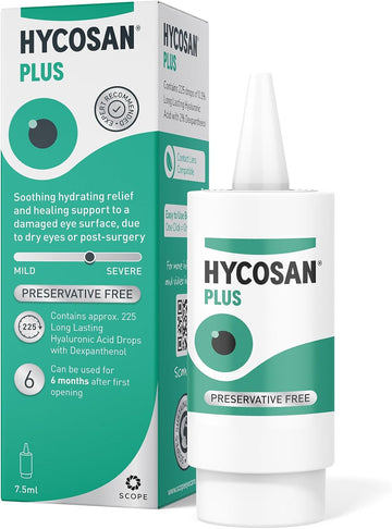 Hycosan Plus - Twin Pack - Dry Eye Drops With Hyaluronic Acid And Dexpanthenol For Relief And Healing Support For Eyes Recovering From Injury Or Surgery - Preservative Free – 2 X 225 Measured Doses